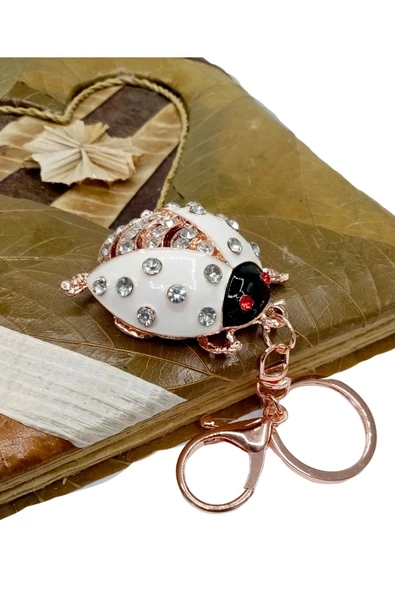 Kristal Taşlı Uğur Böceği Anahtarlık Beyaz No.1 - Resim 9