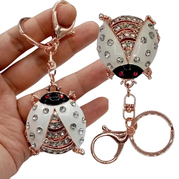 Kristal Taşlı Uğur Böceği Anahtarlık Beyaz No.1 - Resim 4