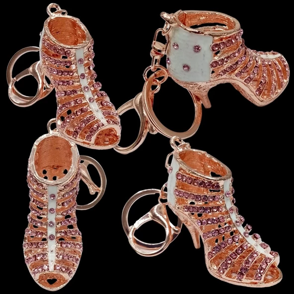 Kristal Taşlı Topuklu Ayakkabı Anahtarlık Pembe No.3 - 5