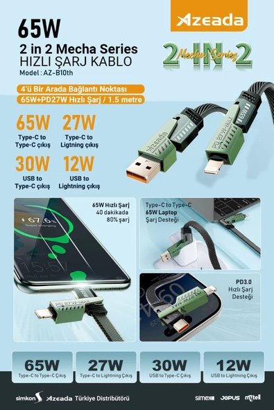Azeada 65w Çoklu USB Type-C ve Lightning Örgülü Şarj Ve Data Kablosu - 1.5 Metre 65 W - 2