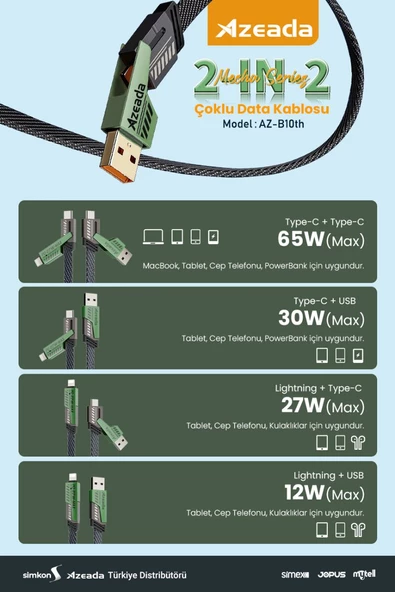 Azeada 65w Çoklu USB Type-C ve Lightning Örgülü Şarj Ve Data Kablosu - 1.5 Metre 65 W - 3