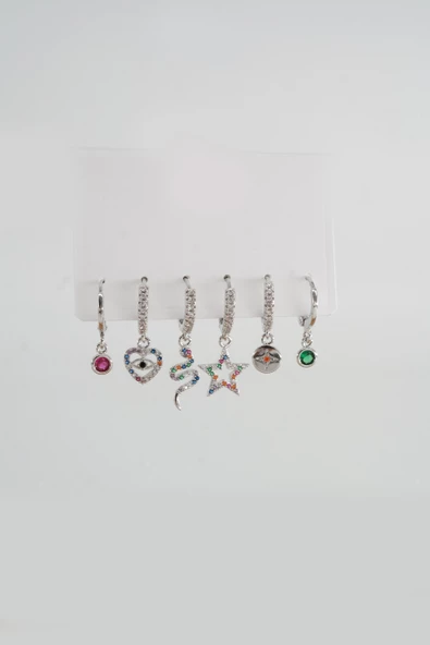 Kadın Altın Kaplama Kararmaz Renkli Zirkon İşleme Yılanlı 6 lı Küpe Seti S003 - 3