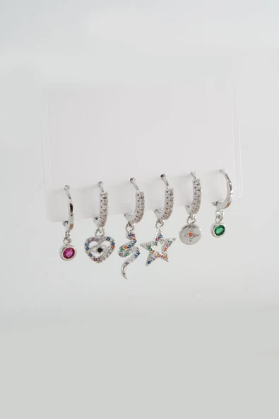 Kadın Altın Kaplama Kararmaz Renkli Zirkon İşleme Yılanlı 6 lı Küpe Seti S003 - 4