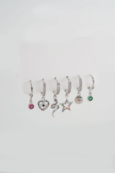 Kadın Altın Kaplama Kararmaz Renkli Zirkon İşleme Yılanlı 6 lı Küpe Seti S003 - 2