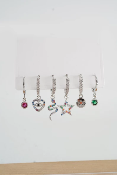 Kadın Altın Kaplama Kararmaz Renkli Zirkon İşleme Yılanlı 6 lı Küpe Seti S003