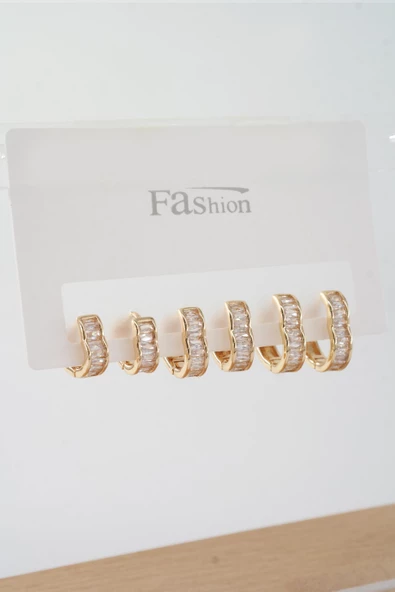 Kadın Vip Seri Baget Zirkon Taşlı 3 Boy Kalp Model 6'lı Küpe Seti ürün görseli