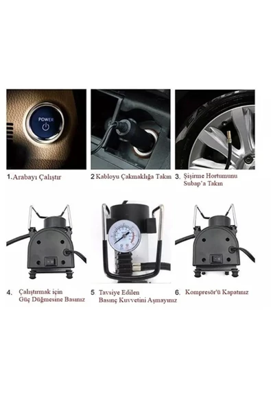 Tiger Marketing Araba Oto Araç Lastik Şişirme Pompası Metal Gövde Kompresör 150 Psi Çakmaklık Girişli - 5