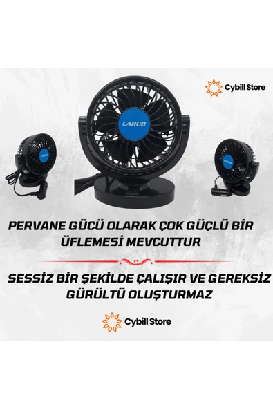 CybillStore Tekli Vantilatör Torpido Üstü 12V Çakmaklık Girişli 360 Derece Ayarlanabilir - 6