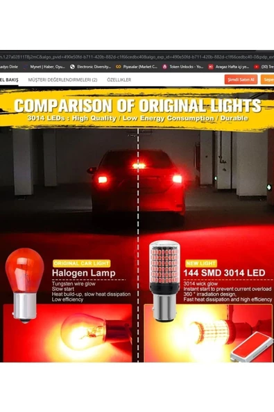 Tiger Marketing P21w 144 Ledli Ultra Parlak Geri Vites Park Ampül Tek Duy TURUNCU RENK (2 ADET) - 5