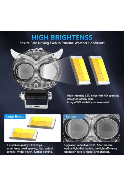 Tiger Marketing Baykuş Sis Farı Üç Modlu Sarı-Kırmızı-Beyaz Araç Motosiklet Off Road Led (1 Adet) - 2