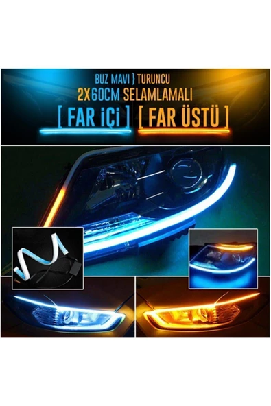 Universal 3d Far Üstü Ve Far Içi 2 Renkli Selamlamalı Kayar Sinyalli Gündüz Ledi 60cm