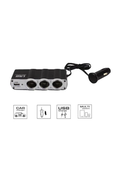 Yalova Oto Aksesuar 3 Çıkışlı 12/24 Volt Usb Oto Çakmaklık Çoğaltıcı - Siyah