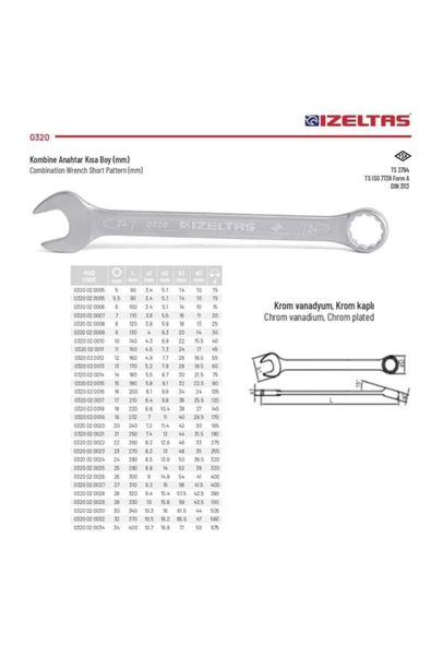 İzeltaş 9 Mm Kombine Anahtar Kısa Boy 0320 02 0009 - 2