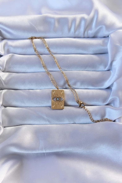 Gold Renk İşlemeli Nazarlı Vintage Kolye - EBJ240928W28314 - Resim 2