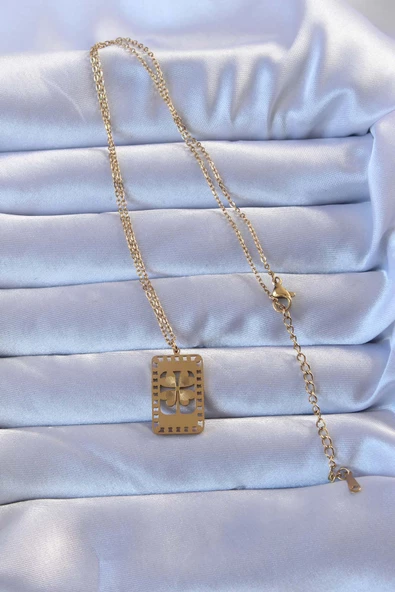 Gold Renk İşlemeli Yonca Model Vintage Kolye - EBJ240928W28315 - Resim 2