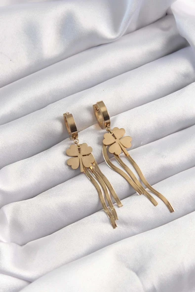 Gold Renk İtalyan Zincirli Yonca Model Halka Küpe - EBJ240928W28370 - Resim 2