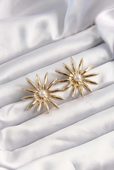 Pirinç Gold Renk İnci Taşlı Çiçek Küpe - EBJ240928W28379 - Resim 2