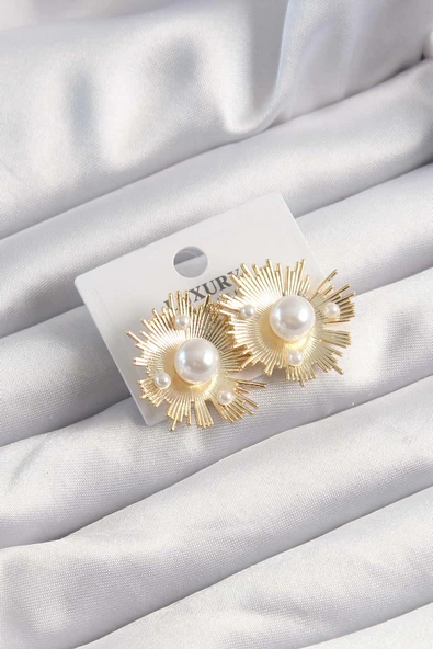 Pirinç Gold Renk Zirkon Taşlı Parlayan İnci Taneleri Küpe - EBJ240928W28381 ürün görseli