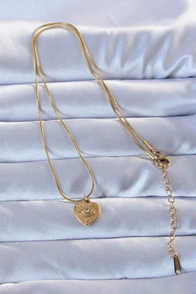 Gold Renk Zirkon Taşlı İşlemeli Göz Detay Kalp Kolye - EBJ240928W28334 - Resim 2