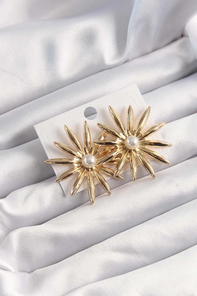 Pirinç Gold Renk İnci Taşlı Çiçek Küpe - EBJ240928W28379 ürün görseli