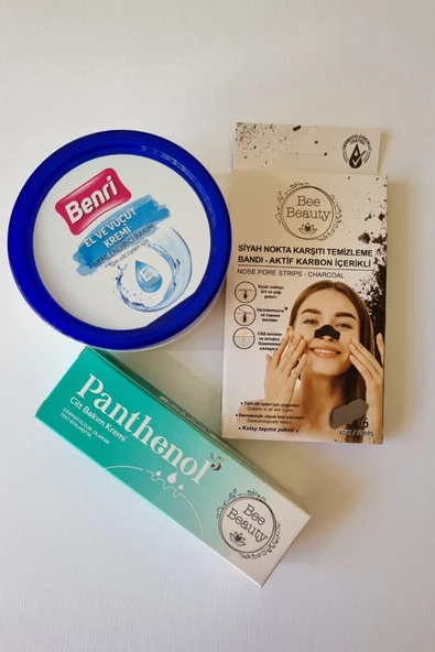 Bee Beauty Aktif Karbon Siyah Nokta Bandı 6'lı Nemlendirici Bakım El Ve Vücut Kremi ve %5 Panthenol Cilt Bakım Kremi 30 ml