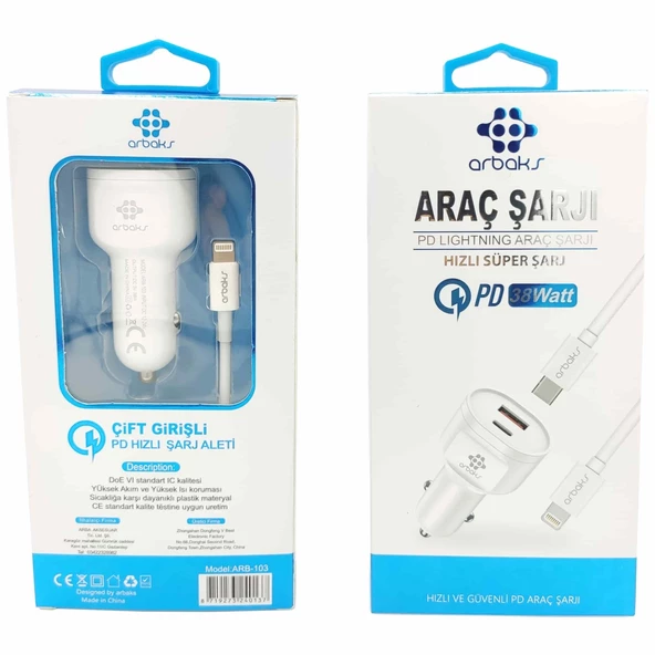 38W PD + Usb Çift Girişli Araç iphone Şarj Aleti Arbaks ARB-103