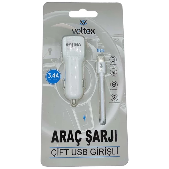 34A Çift Girişli (Micro) Kablolu Araç Şarj Aleti Veltex VTX-032