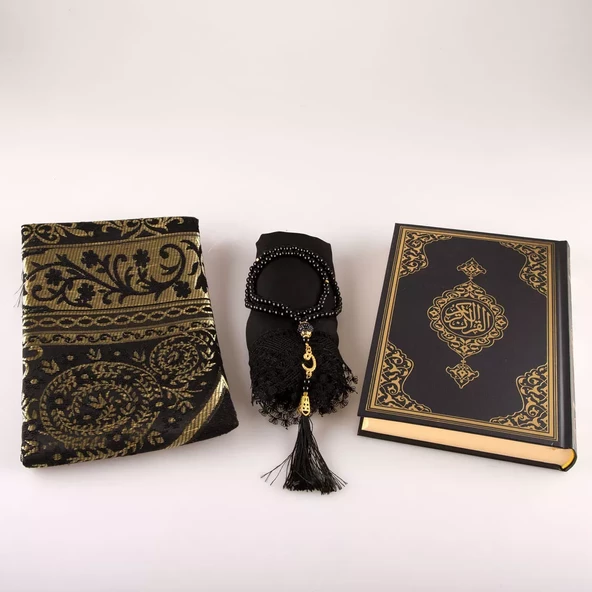 Şal + Tesbih + Kuran Hediye Seti (Çanta Boy, Standart Cilt, Siyah) - Resim 3