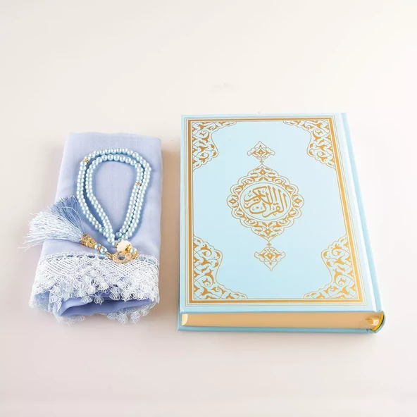 Şal + Tesbih + Kuran Hediye Seti (Hafız Boy, Standart Cilt, Açık Mavi) - 3