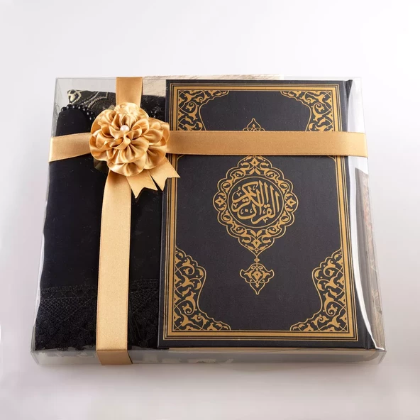 Şal + Tesbih + Kuran Hediye Seti (Çanta Boy, Standart Cilt, Siyah) - Resim 2
