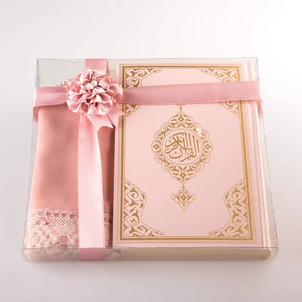 Şal + Tesbih + Kuran Hediye Seti (Orta Boy, Standart Cilt, Pembe) - 2