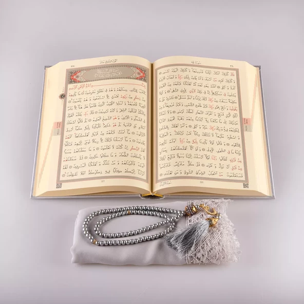 Şal + Tesbih + Kuran Hediye Seti (Hafız Boy, Standart Cilt, Gri) - 4