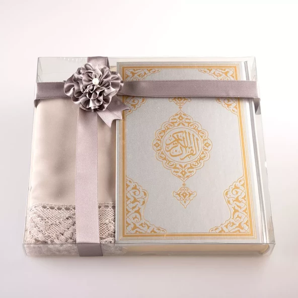 Şal + Tesbih + Kuran Hediye Seti (Hafız Boy, Standart Cilt, Gri) - 2