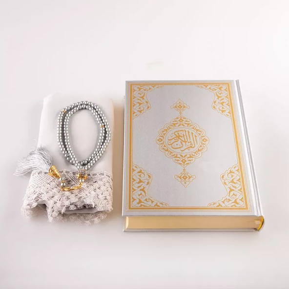 Şal + Tesbih + Kuran Hediye Seti (Hafız Boy, Standart Cilt, Gri) - 3