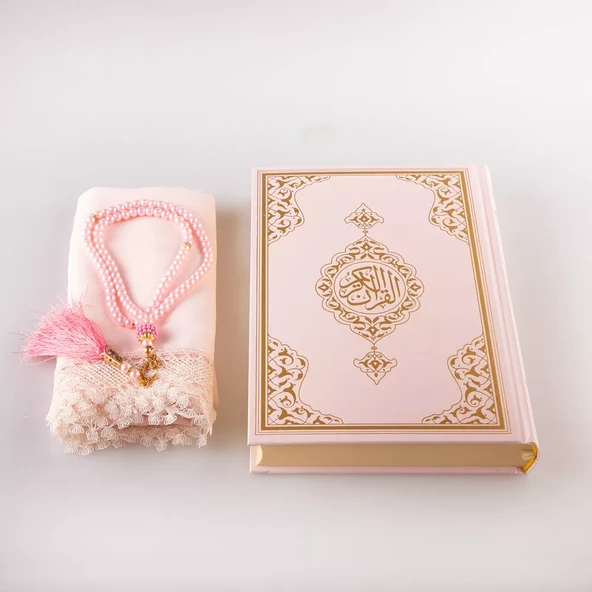 Şal + Tesbih + Kuran Hediye Seti (Orta Boy, Standart Cilt, Pembe) - 3