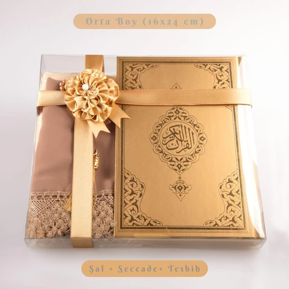Şal + Tesbih + Kuran Hediye Seti (Orta Boy, Standart Cilt, Gold)