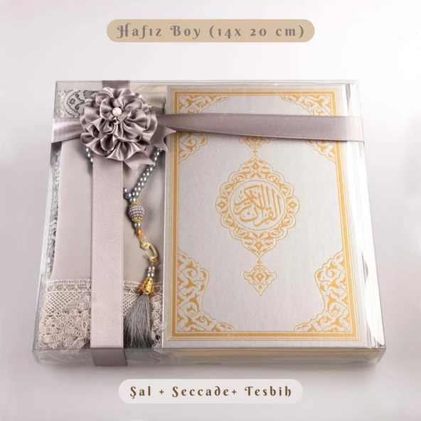 Şal + Tesbih + Kuran Hediye Seti (Hafız Boy, Standart Cilt, Gri)