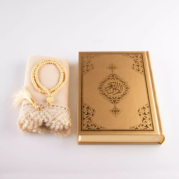 Şal + Tesbih + Kuran Hediye Seti (Orta Boy, Standart Cilt, Gold) - 3