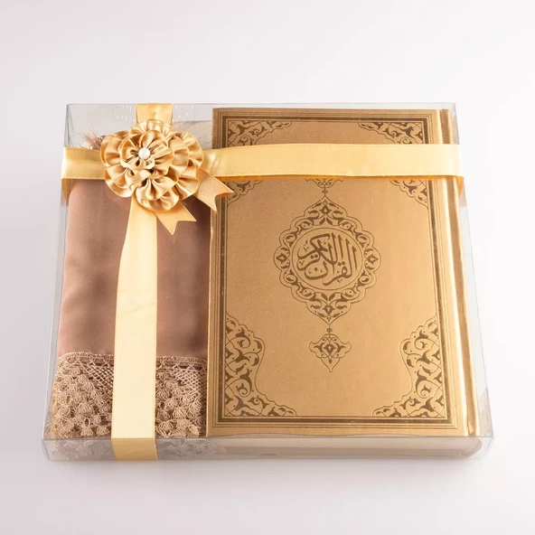 Şal + Tesbih + Kuran Hediye Seti (Orta Boy, Standart Cilt, Gold) - 2