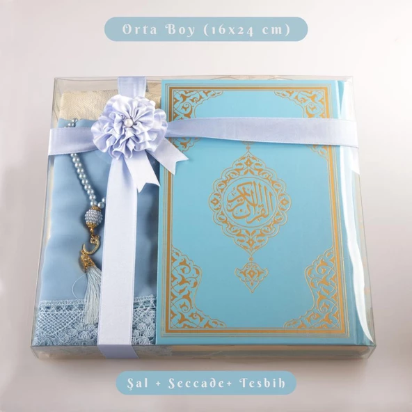 Şal + Tesbih + Kuran Hediye Seti (Orta Boy, Standart Cilt, Açık Mavi)
