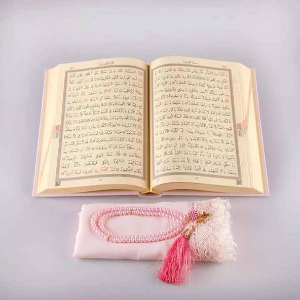 Şal + Tesbih + Kuran Hediye Seti (Orta Boy, Standart Cilt, Pembe) - 4