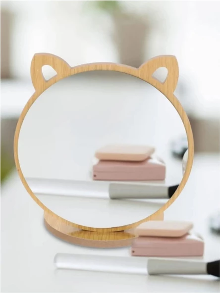 Kedi Ayna Ahşap Standlı Masa Üstü Makyaj Aynası Make Up 19 cm E51 - 2