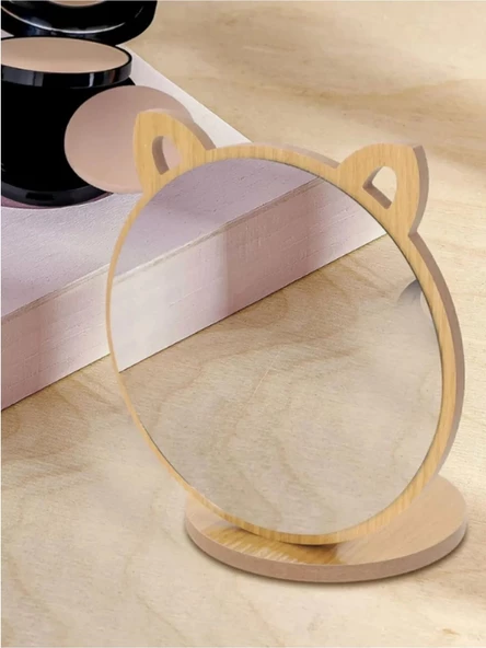 Kedi Ayna Ahşap Standlı Masa Üstü Makyaj Aynası Make Up 19 cm E51 - 3