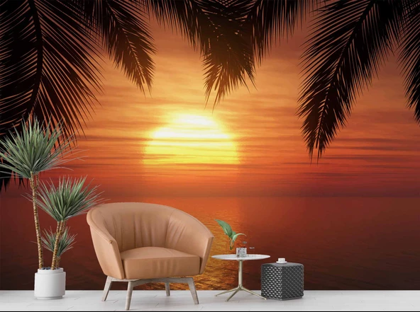 Günbatımı Palmiye Deniz Manzaralı Duvar Kağıdı Baskı - Resim 7