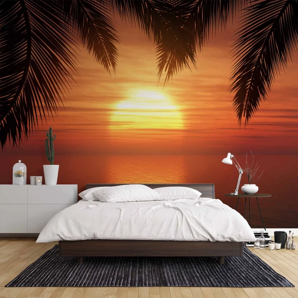 Günbatımı Palmiye Deniz Manzaralı Duvar Kağıdı Baskı - Resim 3