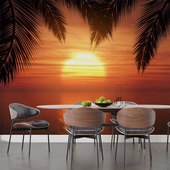 Günbatımı Palmiye Deniz Manzaralı Duvar Kağıdı Baskı - Resim 6