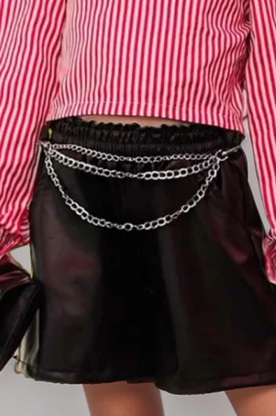 Kız Çocuk Sırtı Düğme Detaylı Çizgili Bluz Deri Şortlu Takım - Resim 3