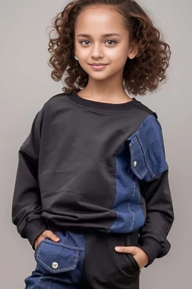 Kız Çocuk Kot Detaylı Cepli Aplike Siyah Eşofman Takım - Resim 3