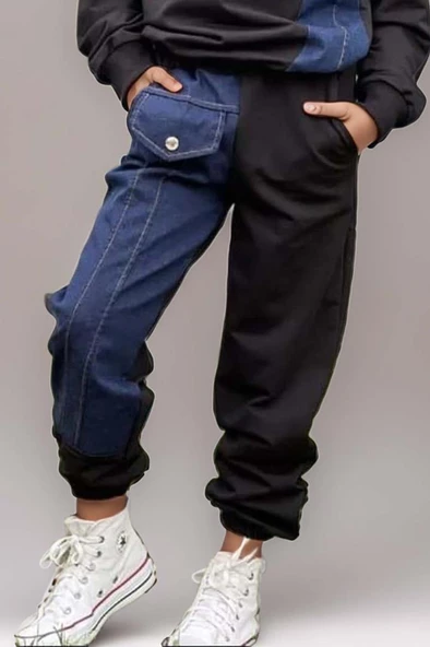 Kız Çocuk Kot Detaylı Cepli Aplike Siyah Eşofman Takım - Resim 4