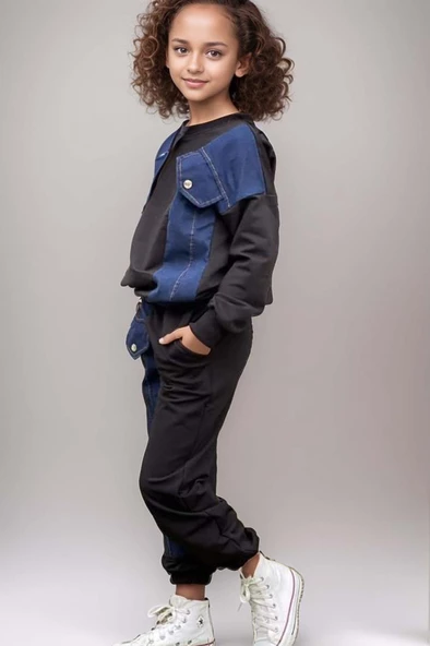 Kız Çocuk Kot Detaylı Cepli Aplike Siyah Eşofman Takım - Resim 2